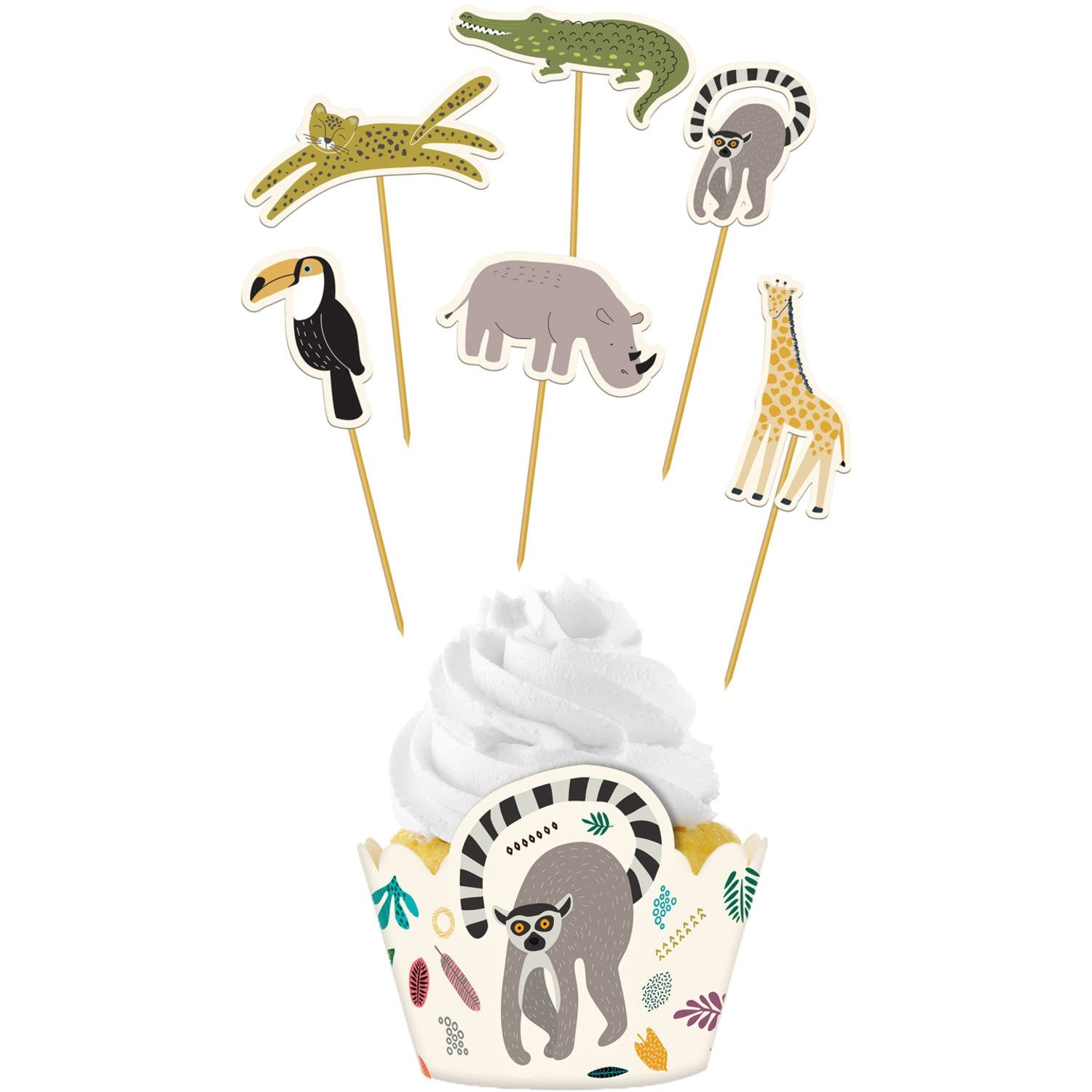6 decorazioni per cupcake a tema animali della giungla e 6 involucri