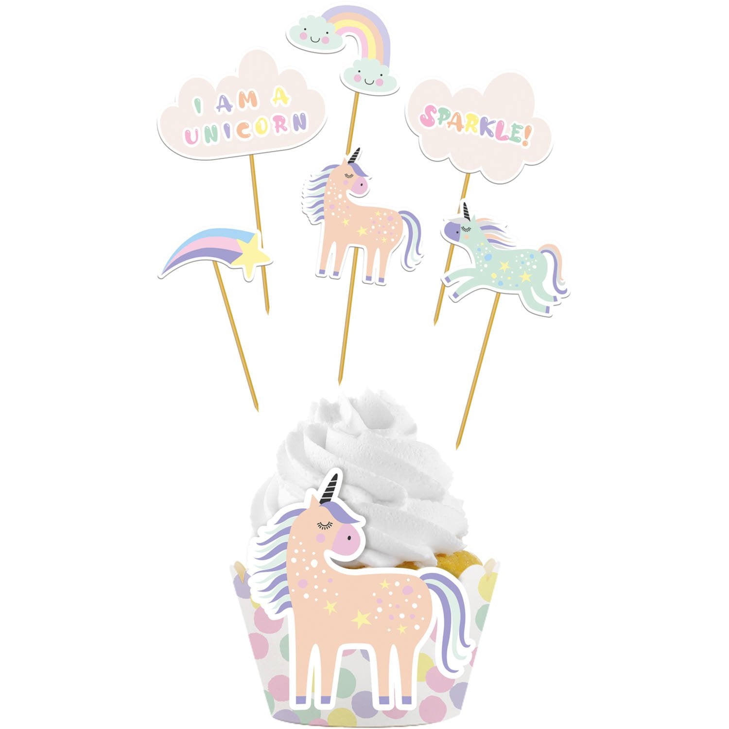 6 decorazioni per cupcake a forma di unicorno e 6 pirottini per cupcake