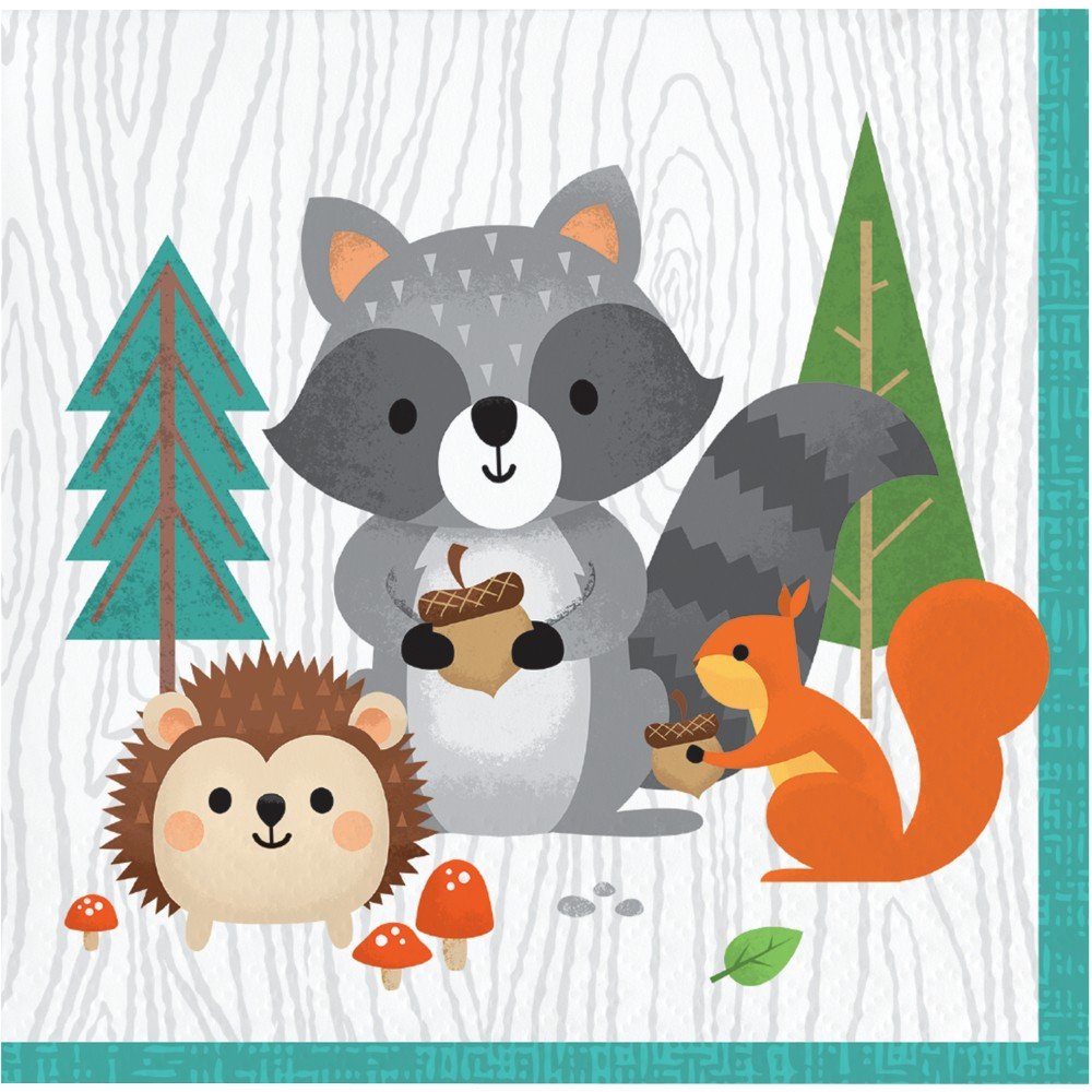 16 serviettes de table de 25 cm, animaux de la forêt