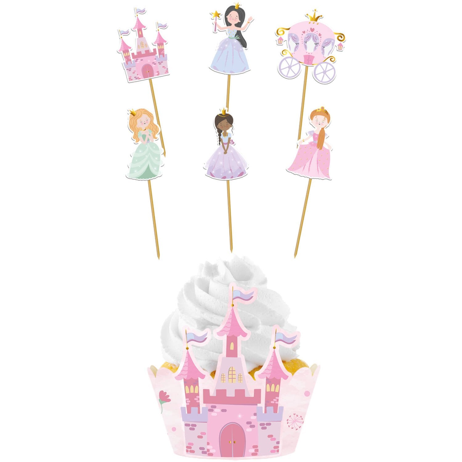 6 decorazioni per cupcake a forma di principessa